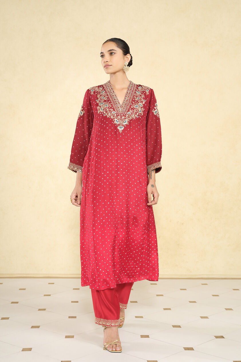 Gulsahro Handcrafted Bandhani Silk Kurta Set - Red, Red, image 2